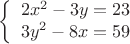 $$\left\{
\begin{array}{rcl}
 2x^2-3y=23 \\
 3y^2-8x=59 \\
\end{array}
\right.$$