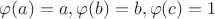 $\varphi (a) = a, \varphi (b) = b, \varphi (c) = 1$