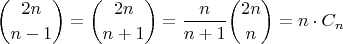 $$\binom{2n}{n-1}=\binom{2n}{n+1}=\frac{n}{n+1}\binom{2n}{n}=n\cdot C_n$$