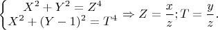 $\left\{\begin{matrix}
X^2+Y^2=Z^4 \\ 
X^2+(Y-1)^2=T^4
\end{matrix}\right. \Rightarrow Z=\dfrac{x}{z};T=\dfrac{y}{z}.$