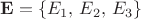 $\mathbf{E}=\{E_1,\,E_2,\,E_3\}$