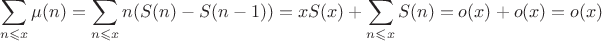 $$\sum\limits_{n\leqslant x}\mu(n)=\sum\limits_{n\leqslant x}n(S(n)-S(n-1))=xS(x)+\sum\limits_{n\leqslant x}S(n)=o(x)+o(x)=o(x)$$