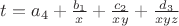 $t=a_4+\frac{b_1}{x}+\frac{c_2}{xy}+\frac{d_3}{xyz}$ $t=a_4+\frac{b_1}{x}+\frac{c_2}{xy}+\frac{d_3}{xyz}$