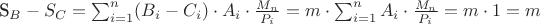 S_B - S_C = \sum_{i=1}^{n} (B_i - C_i) \cdot A_i \cdot \frac{M_n}{P_i} = m \cdot \sum_{i=1}^{n} A_i \cdot \frac{M_n}{P_i} = m \cdot 1 = m