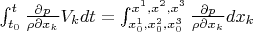 $\int_{t_0}^t \frac{\partial p}{\rho \partial x_k}V_k dt=\int_{x_0^1,x_0^2,x_0^3}^{x^1,x^2,x^3} \frac{\partial p}{\rho \partial x_k}dx_k$