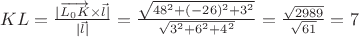 $KL=\frac{|\overrightarrow{L_0K}\times\vec{l}|}{|\vec{l}|}=\frac{\sqrt{48^2+(-26)^2+3^2}}{\sqrt{3^2+6^2+4^2}}=\frac{\sqrt{2989}}{\sqrt{61}}=7$