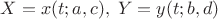 $X=x(t;a,c),\; Y=y(t;b,d)$ $X=x(t;a,c),\; Y=y(t;b,d)$