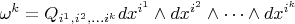 $\omega^k = Q_{i^1, i^2, \dots i^k}dx^{i^1} \wedge dx^{i^2} \wedge \dots \wedge dx^{i^k}  $