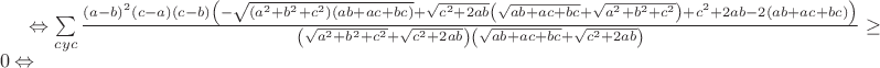 $\Leftrightarrow\sum\limits_{cyc}\frac{(a-b)^2(c-a)(c-b)\left(-\sqrt{(a^2+b^2+c^2)(ab+ac+bc)}+\sqrt{c^2+2ab}\left(\sqrt{ab+ac+bc}+\sqrt{a^2+b^2+c^2}\right)+c^2+2ab-2(ab+ac+bc)\right)}{\left(\sqrt{a^2+b^2+c^2}+\sqrt{c^2+2ab}\right)\left(\sqrt{ab+ac+bc}+\sqrt{c^2+2ab}\right)}\geq0\Leftrightarrow$