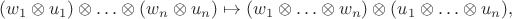 $$(w_1\otimes u_1)\otimes\ldots\otimes (w_n\otimes u_n) \mapsto (w_1\otimes\ldots\otimes w_n) \otimes (u_1 \otimes\ldots\otimes u_n),$$ $$(w_1\otimes u_1)\otimes\ldots\otimes (w_n\otimes u_n) \mapsto (w_1\otimes\ldots\otimes w_n) \otimes (u_1 \otimes\ldots\otimes u_n),$$