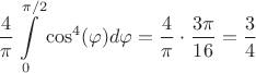 \dfrac{4}{\pi}\int\limits_{0}^{\pi/2}\cos^4(\varphi)d\varphi = \dfrac{4}{\pi} \cdot \dfrac{3\pi}{16} = \dfrac{3}{4}
