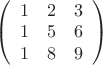 $\left( \begin{array}{ccc} 1 & 2 & 3 \\ 
1 & 5 & 6 \\ 1 & 8 & 9 \end{array} \right)
$
