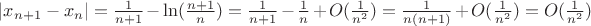 $\left\lvert x_{n+1} - x_n \right\rvert = \frac{1}{n+1} - \ln(\frac{n+1}{n}) = \frac{1}{n+1} - \frac{1}{n} + O(\frac{1}{n^2}) = \frac{1}{n(n+1)} + O(\frac{1}{n^2}) = O(\frac{1}{n^2})$