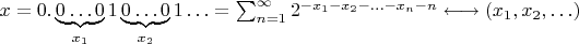 $x=0.\underbrace{0\ldots0}_{x_1}1\underbrace{0\ldots0}_{x_2}1\ldots=\sum_{n=1}^\infty2^{-x_1-x_2-\ldots-x_n-n}\longleftrightarrow(x_1,x_2,\ldots)$