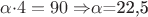 $\alpha$\cdot4=90 \Rightarrow$\alpha$=22,5