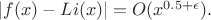 $|f(x)-Li(x)|=O(x^{0.5+\epsilon}).$