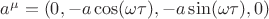 $a^{\mu}=(0, -a\cos(\omega\tau), -a\sin(\omega\tau), 0)$