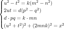 $\begin{cases}
u^2-t^2=k(m^2-n^2)\\
2ut=d(p^2-q^2)\\
d\cdot pq=k\cdot mn\\
(u^2+t^2)^2+(2mnk)^2=x^2
\end{cases}$