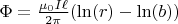 $\Phi=\frac{\mu_0 I\ell}{2\pi}(\ln(r)-\ln(b))$