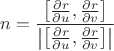 $$n=\frac{\left[\frac{\partial r}{\partial u}, \frac{\partial r}{\partial v}\right]}{\left|\left[\frac{\partial r}{\partial u}, \frac{\partial r}{\partial v}\right]\right|}$$