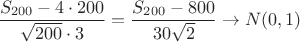 $\dfrac{S_{200}-4\cdot 200}{\sqrt{200}\cdot 3}=\dfrac{S_{200}-800}{30\sqrt{2}}\to N(0,1)$