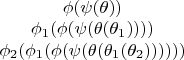 $\begin{matrix}
\phi(\psi(\theta))\\
\phi_1(\phi(\psi(\theta(\theta_1))))\\
\phi_2(\phi_1(\phi(\psi(\theta(\theta_1(\theta_2))))))
\end{matrix}$