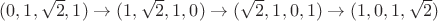$(0,1,\sqrt2,1)\to (1,\sqrt2,1,0)\to (\sqrt2,1,0,1)\to (1,0,1,\sqrt2)$