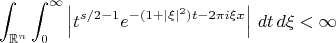 $$\int_{\mathbb{R}^n}\int_0^{\infty}\left|t^{s/2-1}e^{-(1+|\xi|^2)t-2\pi i\xi x}\right|\,dt\,d\xi<\infty$$