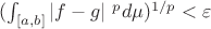 $(\int_{[a,b]}|f-g|\ ^pd\mu)^{1/p} < \varepsilon$