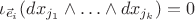 $\iota_{\vec e_i}(dx_{j_1}\wedge\ldots\wedge dx_{j_k}) = 0$