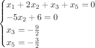 $$\begin{cases}
  x_1+2x_2+x_3+x_5=0\\
  -5x_2+6=0 \\
  x_3=-\frac{9}{2}\\
  x_5 =-\frac{3}{2}\\
\end{cases}$$