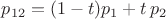 $p_{12} = (1-t) p_1 + t\,p_2$