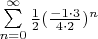 $\sum\limits_{n=0}^{\infty} \frac {1}{2} (\frac {-1\cdot 3}{4 \cdot 2})^n$