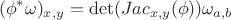 $$(\phi^* \omega)_{x,y} = \operatorname{det}(Jac_{x,y}(\phi)) \omega_{a,b}$$
