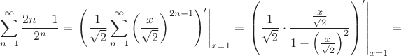 $$\sum_{n=1}^{\infty}\frac{2n-1}{2^n}=\left.\left(\frac{1}{\sqrt{2}}\sum_{n=1}^{\infty}\left(\frac{x}{\sqrt{2}}\right)^{2n-1}\right)'\right|_{x=1}=\left.\left(\frac{1}{\sqrt{2}}\cdot\frac{\frac{x}{\sqrt{2}}}{1-\left(\frac{x}{\sqrt{2}}\right)^2}\right)'\right|_{x=1}=$$