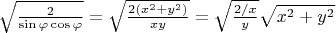 $\sqrt{\frac 2{\sin\varphi\cos\varphi}}=\sqrt{\frac {2(x^2+y^2)}{xy}}=\sqrt{\frac {2/x}y}\sqrt{x^2+y^2}$