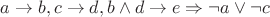 $a \to b, c \to d, b \wedge d \to e \Rightarrow \neg a \vee \neg c$