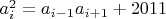 $a_i^2=a_{i-1}a_{i+1}+2011$