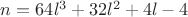 $n=64l^3+32l^2+4l-4$