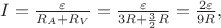 $I=\frac{\varepsilon}{R_A+R_V}=\frac{\varepsilon}{3R+\frac{3}{2}R}=\frac{2\varepsilon}{9R},$