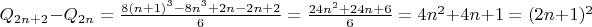 $Q_{2n+2}-Q_{2n} = \frac{8(n+1)^3-8n^3+2n-2n+2}6 = \frac{24n^2+24n+6}6=4n^2+4n+1=(2n+1)^2$
