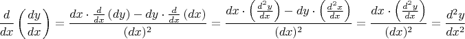$$\frac{d}{dx}\left(\frac{dy}{dx}\right) = \frac{dx \cdot \frac{d}{dx}\left(dy \right) - dy \cdot \frac{d}{dx}\left(dx \right)}{(dx)^2} = \frac{dx \cdot \left(\frac{d^2 y}{dx} \right) - dy \cdot \left(\frac{d^2x}{dx} \right)}{(dx)^2} =  \frac{dx \cdot \left(\frac{d^2 y}{dx} \right) }{(dx)^2} = \frac{d^2y}{dx^2}$$