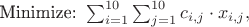 $\text{Minimize: } \sum_{i=1}^{10} \sum_{j=1}^{10} c_{i,j} \cdot x_{i,j},$