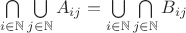 $\bigcap\limits_{i\in \mathbb N}\bigcup\limits_{j\in \mathbb N}A_{ij} = \bigcup\limits_{i\in \mathbb N}\bigcap\limits_{j\in \mathbb N}B_{ij}$