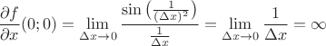 $\dfrac{\partial f}{\partial x}(0;0)=\lim\limits_{\Delta x\to 0}\dfrac{\sin\big(\frac{1}{(\Delta x)^2}\big)}{\frac{1}{\Delta x}}=\lim\limits_{\Delta x\to 0}\dfrac{1}{\Delta x}=\infty$