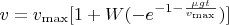 $ v = v_{\max} [1 + W(-e^{-1 - \frac{\mu gt}{v_{\max}}})] $