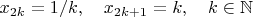 $x_{2k}=1/k,\quad x_{2k+1}=k,\quad k\in\mathbb{N}$