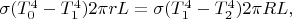 $\sigma (T_0^4 - T_1^4)2\pi r L = \sigma (T_1^4 - T_2^4)2\pi R L, $