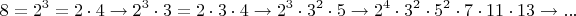 $$8 = 2^3 = 2\cdot4 \to 2^3\cdot3 = 2\cdot3\cdot4 \to 2^3\cdot3^2\cdot5 \to 2^4\cdot3^2\cdot5^2\cdot7\cdot11\cdot13 \to ... $$