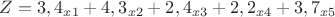 $Z = 3,4_{x1} + 4,3_{x2} + 2,4_{x3} + 2,2_{x4} + 3,7_{x5}$